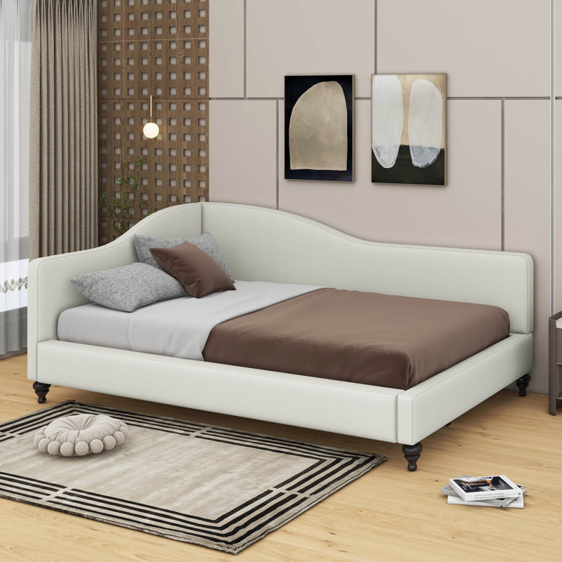 L-Shaped Linen Daybed, With Solid Wood Legs, Beige, Full/Double