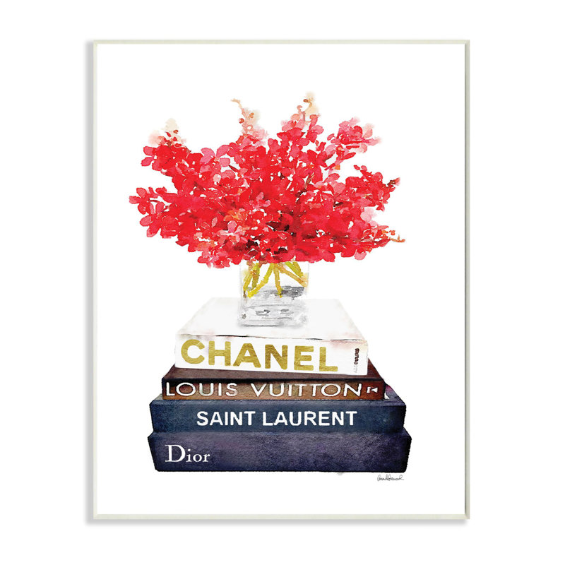 « mode motif rouge fleur bookstack », impression, Plaque en bois, H 15 po x l 10 po x P 0,5 po