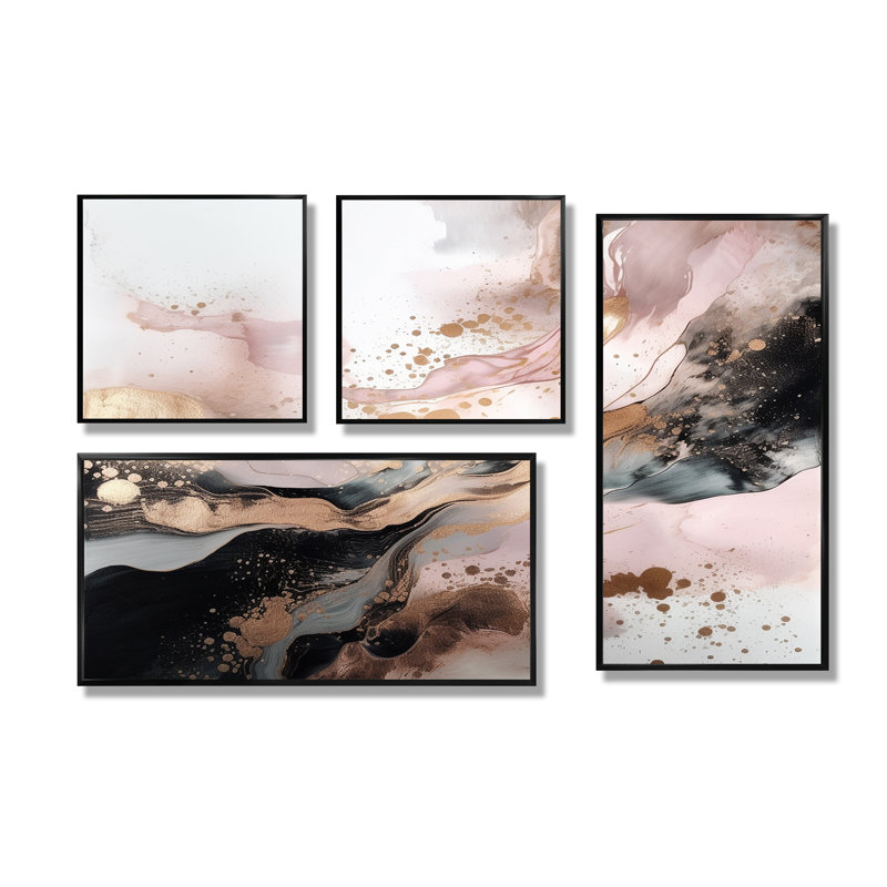 «Pink Gold Splash», art mural en marbre abstrait 4 pièces, Impression encadrée sans passe-partout, Noir