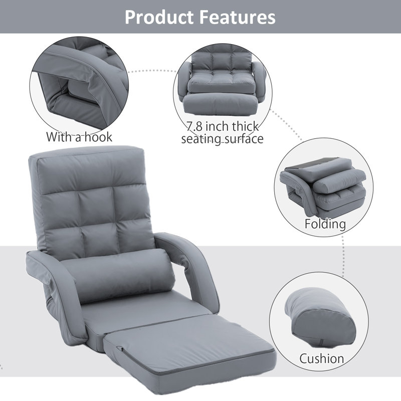 Reclining Floor Gaming Chair Foldable Chaise Lounge Game Chair For Adults With Armrest, PU-Gray