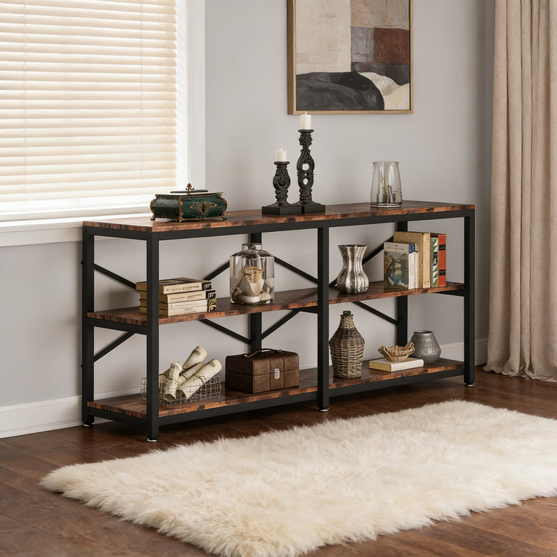 70.9" 3-Tier Console Table, Industrial Foyer Sofa Table With Storage Shelves, Brown, Brown/Black