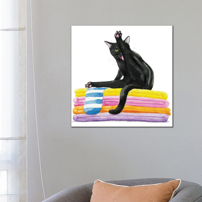 Black Cat On Bath Towels by Alexey Dmitrievich Shmyrov - Wrapped Canvas Print, 66.04 cm H x 66.04 cm W x 3.175 cm D