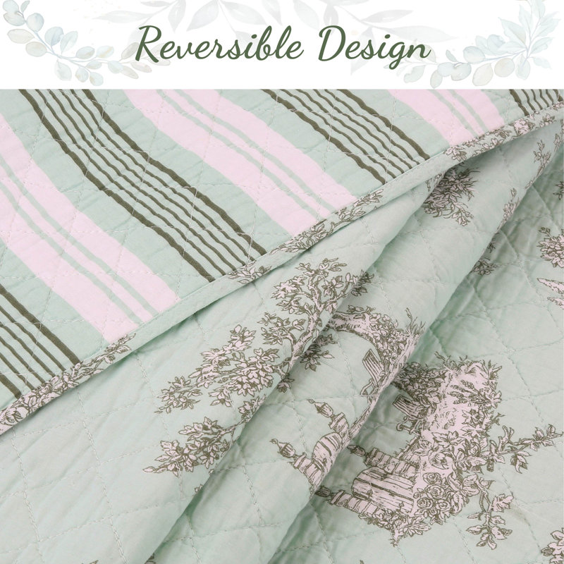 Mint Green and White Cotton Reversible Queen Quilt Set