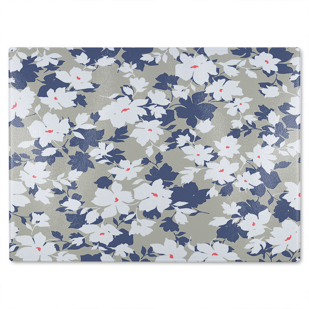 White Flowers Glass Chopping Board