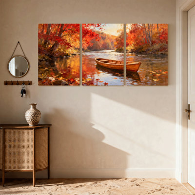 Nautique et plage, rivière d'automne, bateau, reflet, feuilles, arbres, couleurs, paysage, ensemble de 3 impressions sur toile