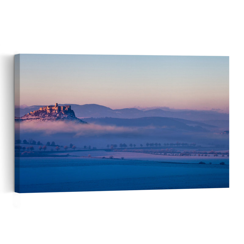 Château de conte de fées, brume, paysage paisible, serein et tranquille, impression d'art mural de montagne, 24" H x 36" W