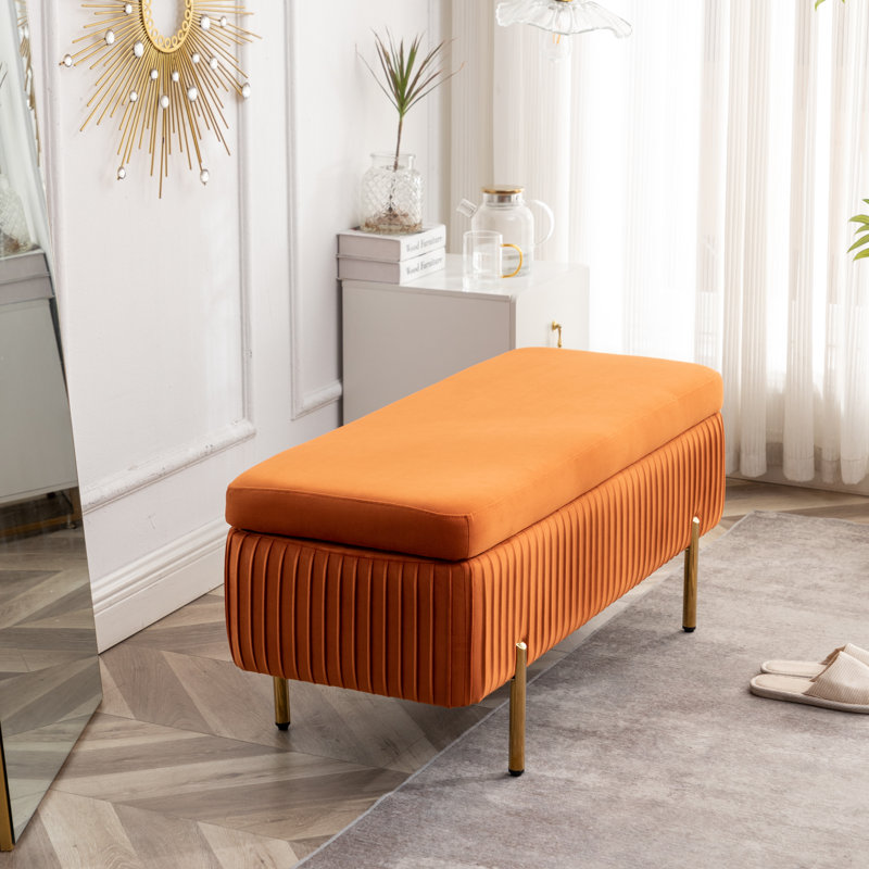 Banc de rangement rembourré en velours Miajah, Orange