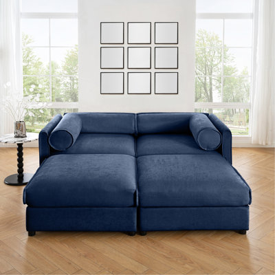 Élégant canapé en chenille 2 places avec 2 sièges de rangement pour repose-pieds, dossier cylindrique et accoudoirs, causeuse moderne en tissu avec espace de rangement caché