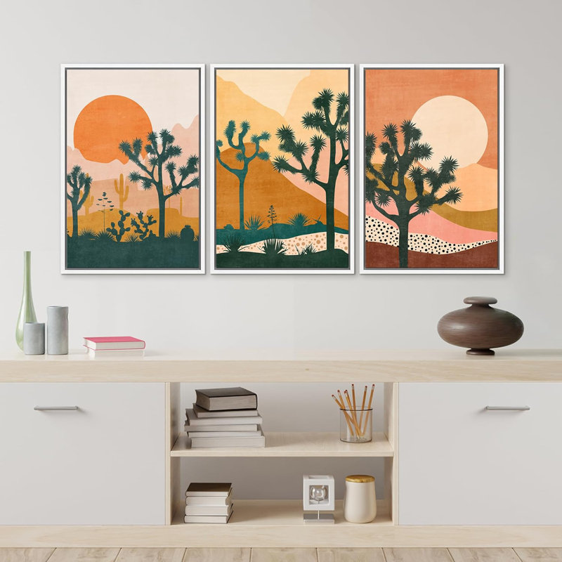 «Bright Orange Sun Desert Joshua Tree Southwestern», impression encadrée sur toile, 3 pièces, H 24 po x l 16 po