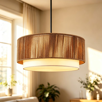 3-Light Boho Drum Chandelier With Fabric Shade, Rattan Pendant Light  for Kitchen, Living Room, Dining Room