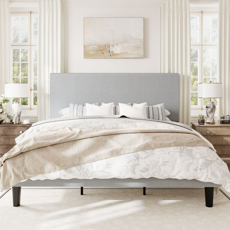 Modern Corduroy Platform Bed With Adjustable Headboard,Maximize Space With Under-Bed Storage,No Box Spring Required, King