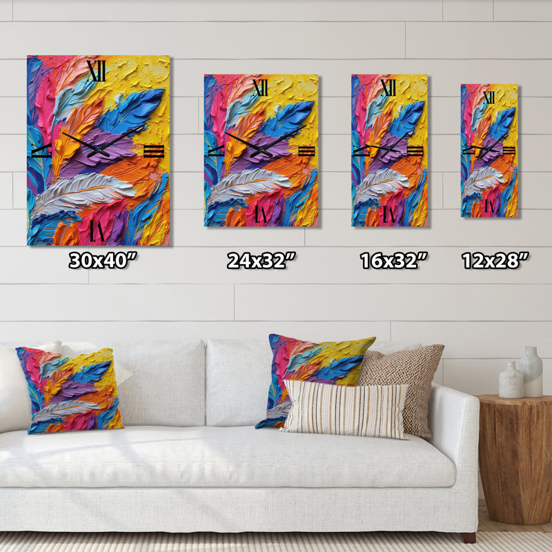 Peinture brute de plumes colorées - horloge murale surdimensionnée, Médium