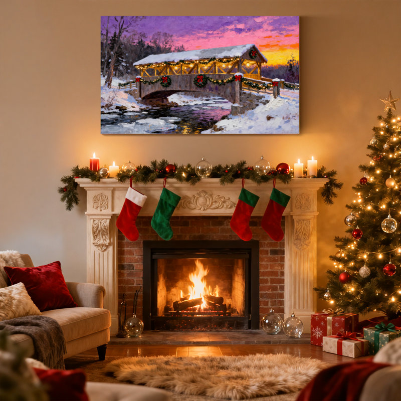Pont couvert de neige de Noël au coucher du soleil avec lumières de Noël, ensemble de 3 impressions sur toile