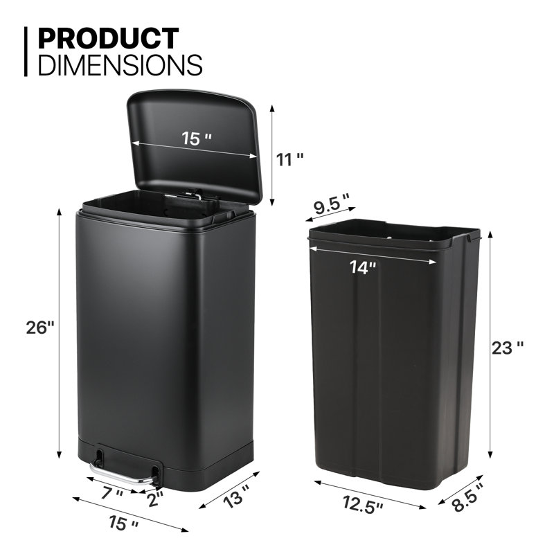 Black Stainless Steel 40L Rectangular Step Trash Can