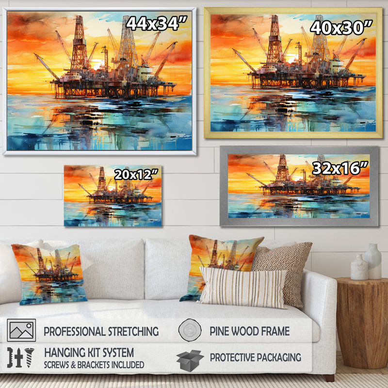 «Modern Ocean», plateforme sur toile, horizon, Cadre doré simple, H 16 po x l 32 po x P 1 po