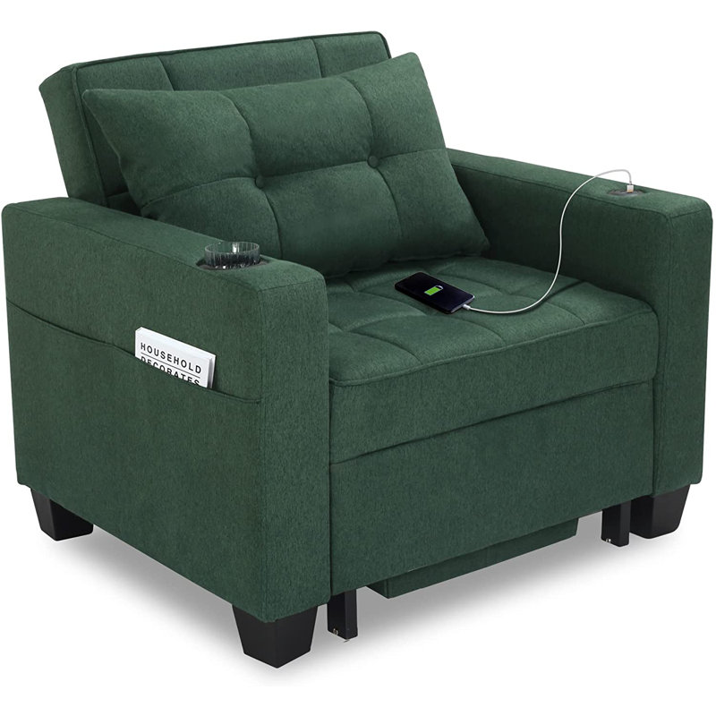 Latitude Run 36.6" Wide Convertible Chair 3-In-1 Pull Out Sleeper Futon Chair Beds with USB, Forest Green 100% Linen