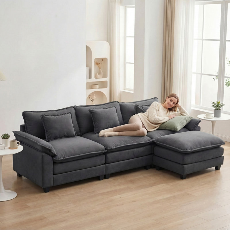 Canapé modulaire modulaire en L 120 po à 4 places avec repose-pieds amovible Modern, Velours gris foncé
