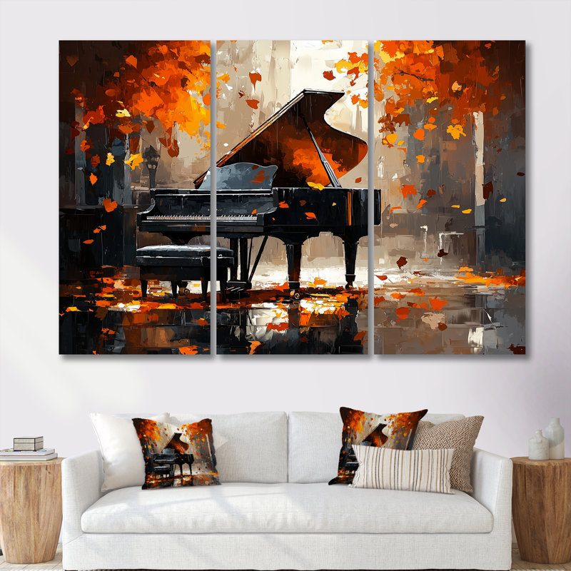 Ensemble de salon mural orange avec piano noir sur scène II, H 28 po x l 36 po x P 1 po, Toile naturelle avec cadre flottant