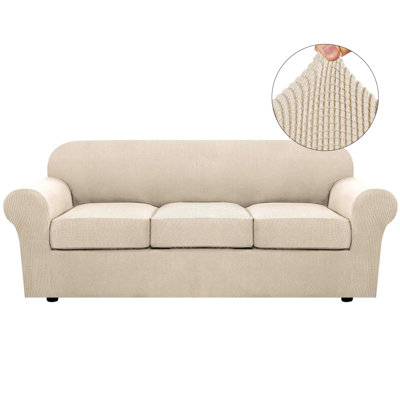 Machine Washable Sofa Slipcover Armchair Cover Rich Textured High Spandex Small Checks Knitted Jacquard Sofa Slipcover with Cushion Covers
