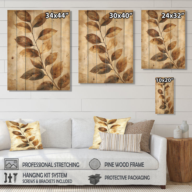 Brown Faded Sepia Leaves I - Leaves Wood Wall Art - On Natural Pine Wood, 20" H x 10" W x 0.78" D