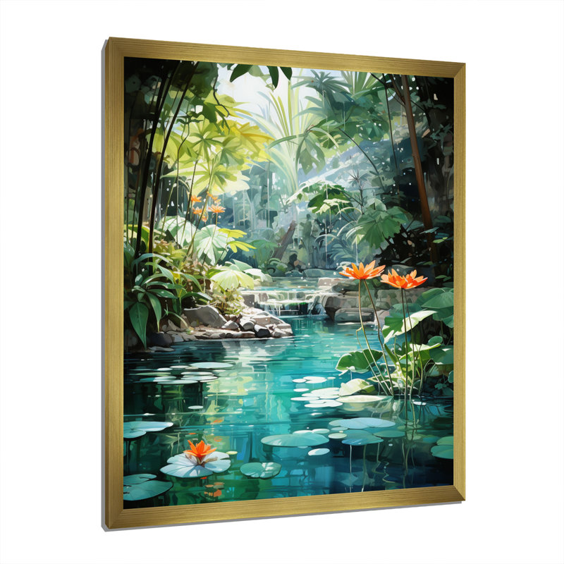 Beant Emerald Oasis A Lush Green Landscape - Forest River Mountains, art mural encadré, H 32 po x l 24 po x P 1 po