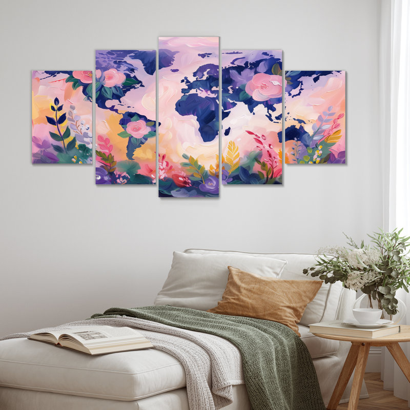 Carte mauve rose du monde «Blooms I» - ensemble d'art mural carte du monde