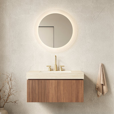 Brown Oak 36" Bathroom Vanity, Floating Plywood Storage Cabinet With Drawer And Door, Sintered Stone Countertop, Ceramic Basin 3 Pre - Drilled Faucet Holes, Assembled, Load Bearing , Basin, Cabinet,