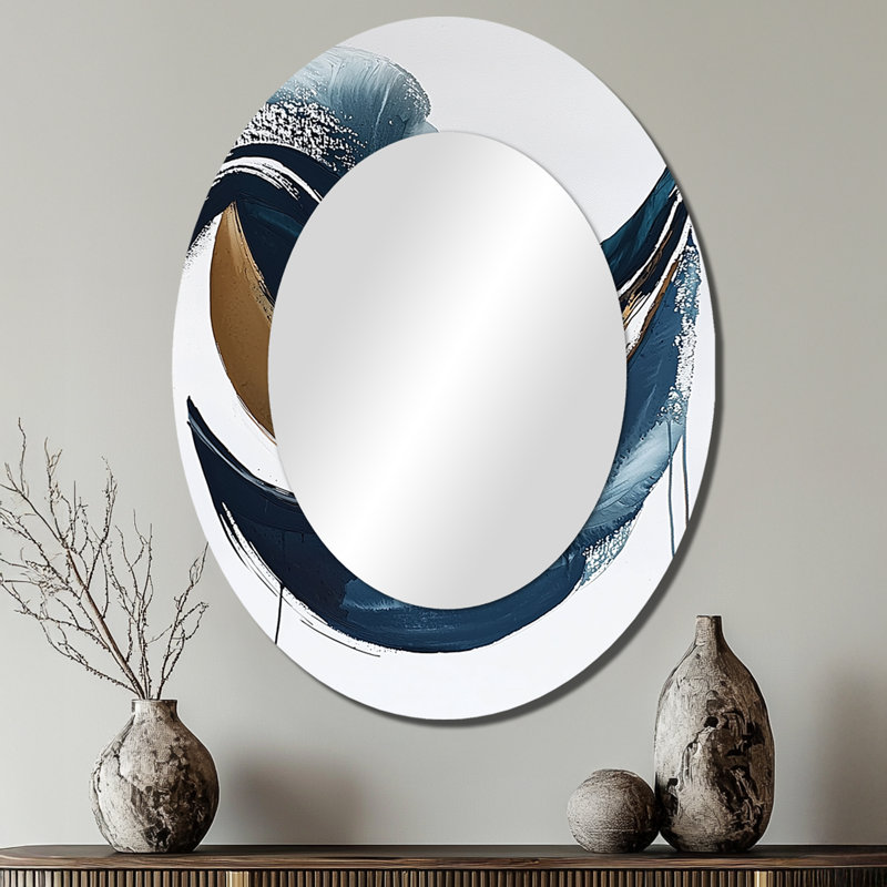 Blanc et bleu fruit populaire abstrait III - miroir décoratif ovale abstrait sur métal, 40 po x 30 po