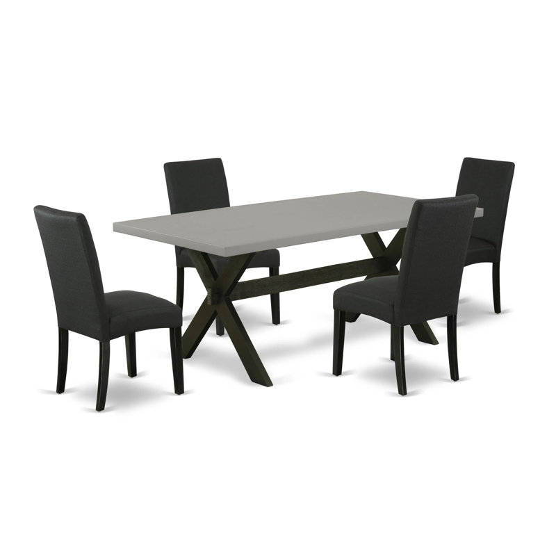 5 Piece Dining Room Furniture Set Includes a Rectangle Dining Table with X-Legs and 4 Black Color Linen Fabric Upholstered Chairs, Wire brushed Black