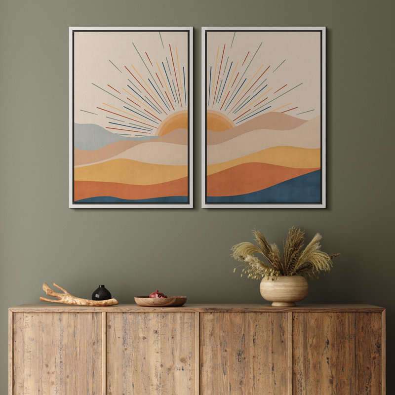 «Sun and Moon Western Desert Sunrise Mid Century Modern», reproduction d'art sur toile 2 pièces, H 36 po x l 48 po x P 1,5 po