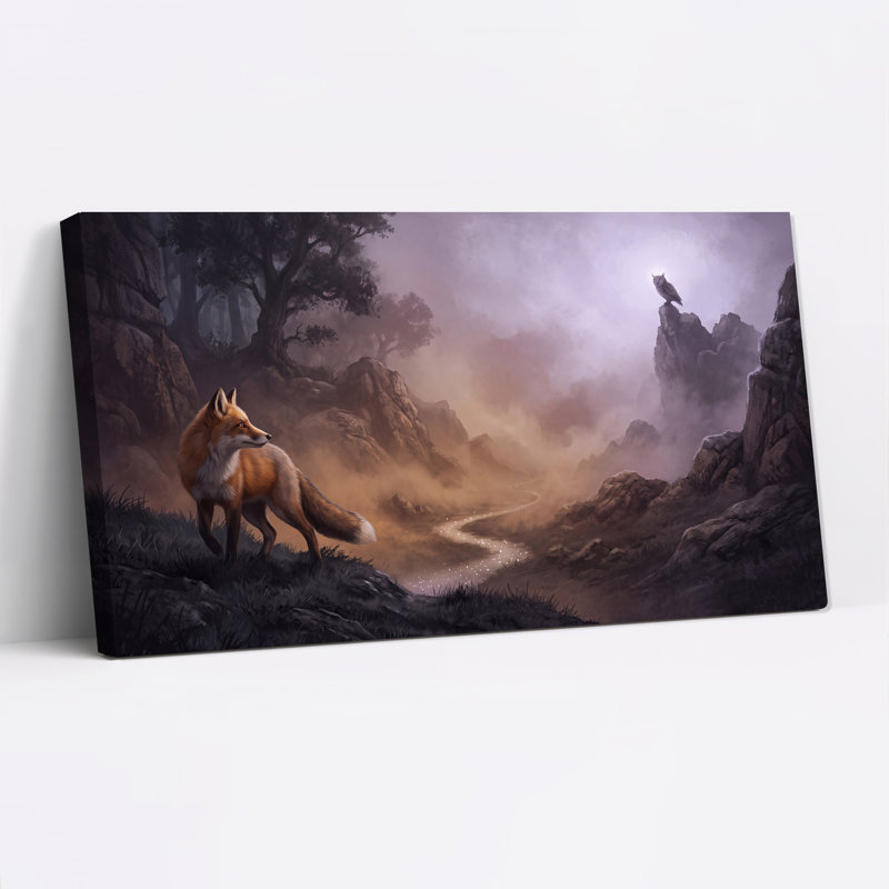 «Red Fox and Owl in Purple Misty Rocky Valley», art mural sur toile, L 32 po x H 16 po