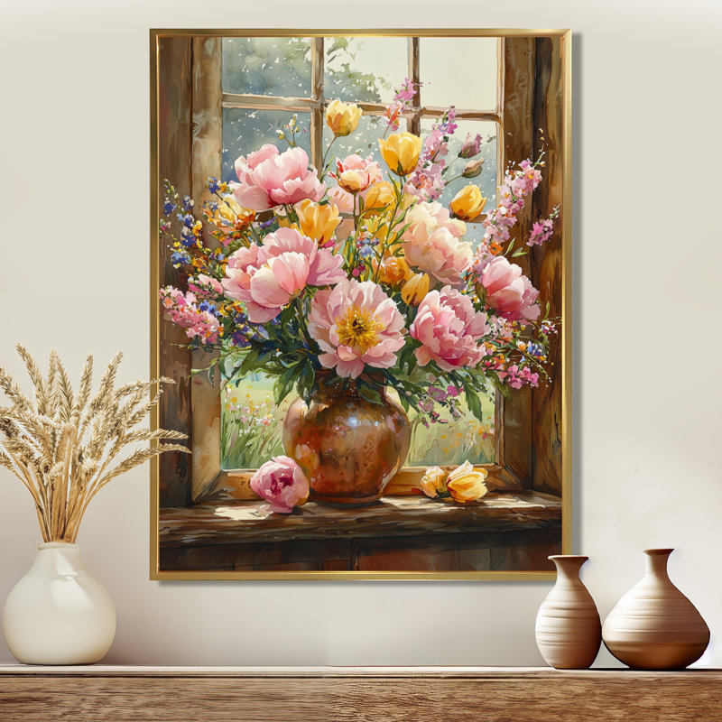 Alberty - décoration murale florale, H 32 po x l 16 po, Reproduction encadrée sans passe-partout, Doré