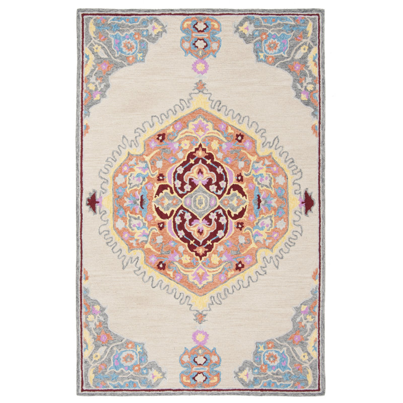 Loar Hand Tufted Wool/Cotton Oriental Rug in Beige/Orange, Rectangle 8' x 10'