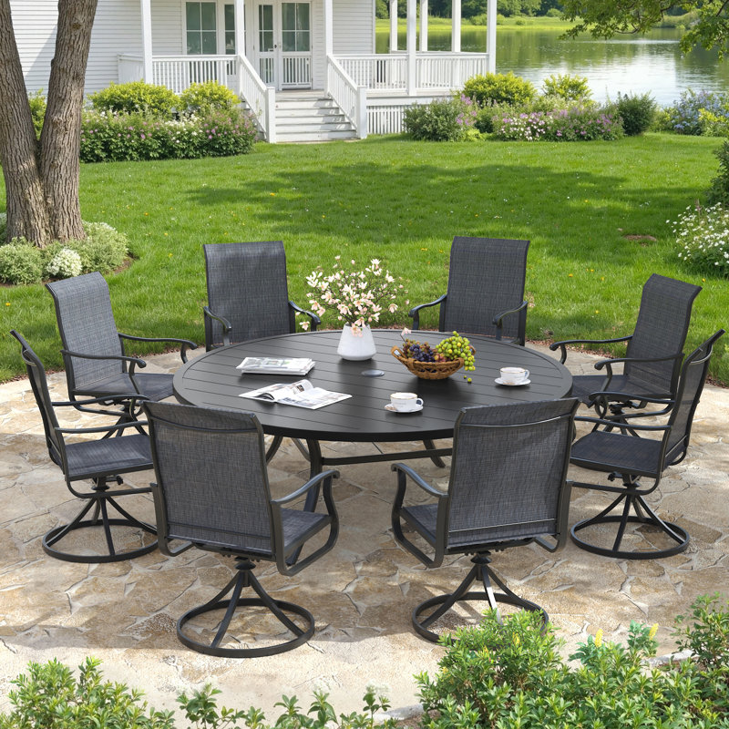 9-Piece 63" Round Outdoor Patio Dining Set With Swivel Armchair, Black/Black