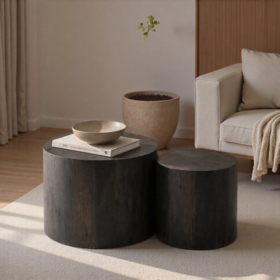 Ensemble de 2 tables basses gigognes en faux marbre, tables d'appoint rondes rondes modernes en bois pour petits espaces de salon
