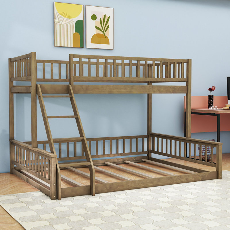 Wood Bunk Bed With Ladder And Slats, Walnut, Twin XL Over Queen