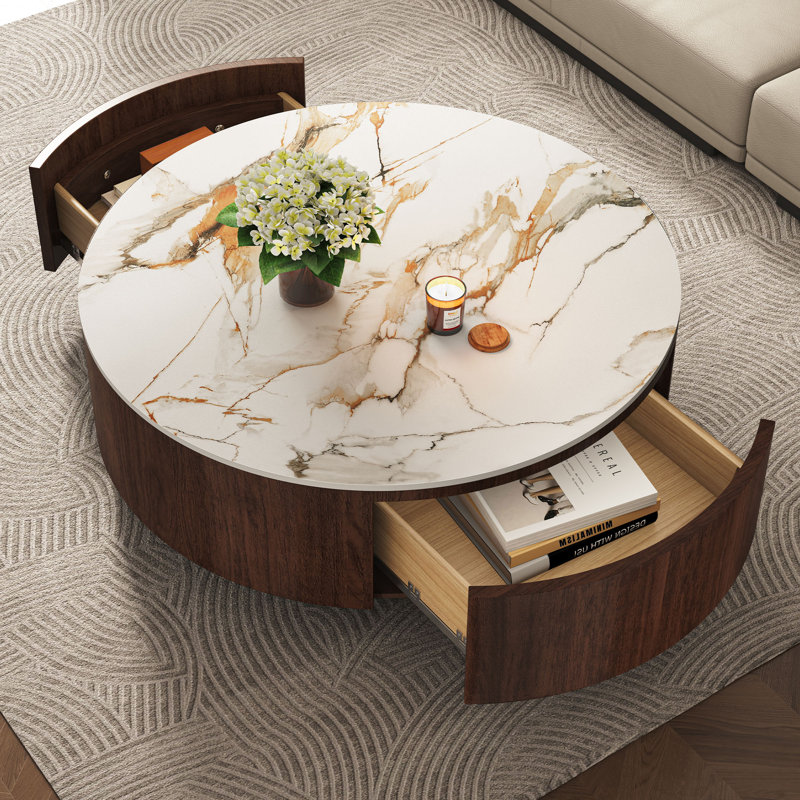 35.4" Round  Wood Coffee Table With 2 Storage, Modern Coffee Table With Faux Marble Finish & Walnut Veneer Base