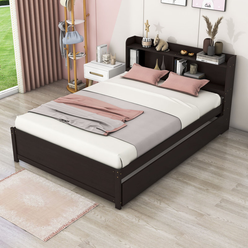 Wood Platform Bed with Trundle and Bookcase, Espresso, Full