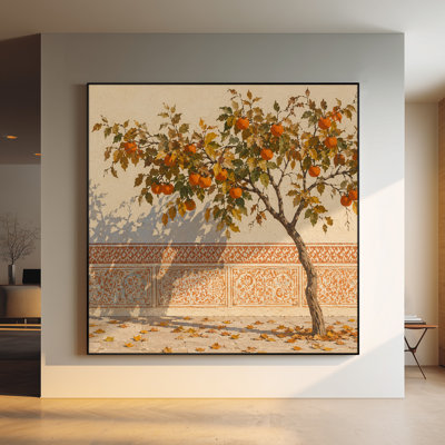 Très grand art mural imprimé sur toile - Arbre de persimmon d'automne, décor de paysage de cour pour le salon ou la chambre à coucher "Assemblage requis (cadre non fini)"