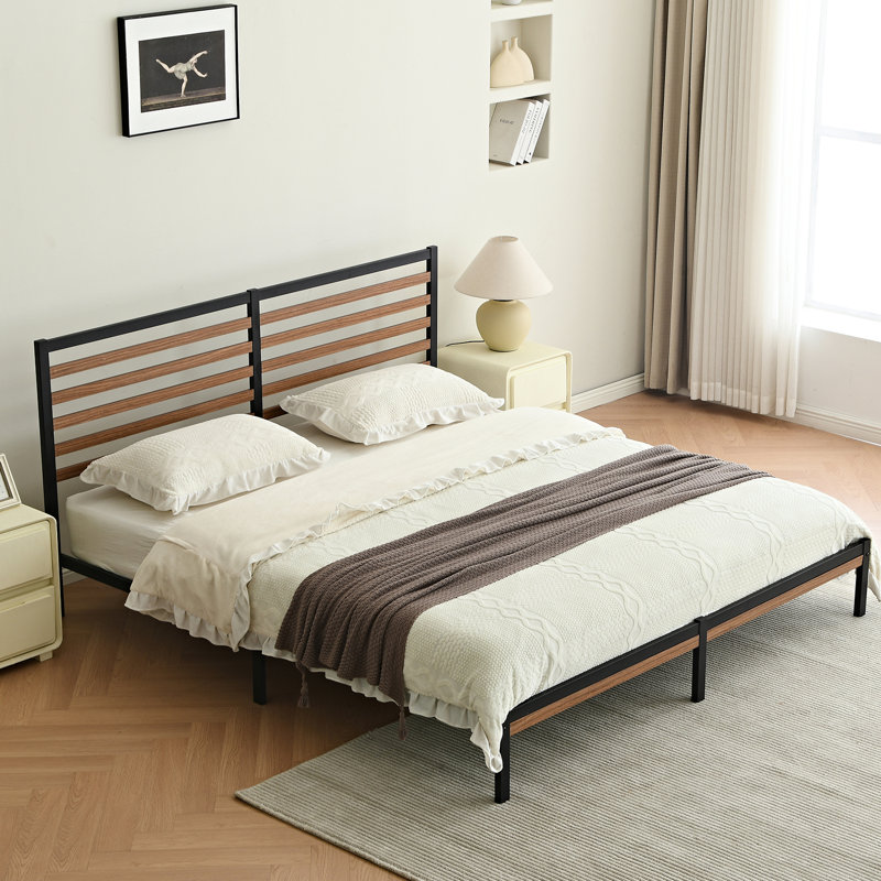 Orv Metal Platform Bed with Middle Wooden Slat Headboard, King