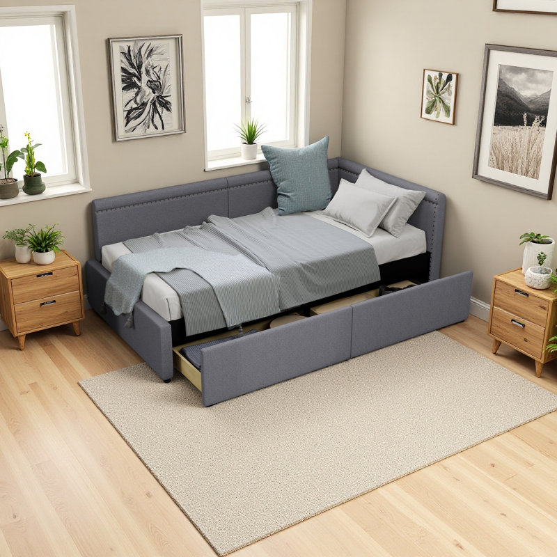 Lit de coin en L de style moderne avec lit simple en lin et deux tiroirs de rangement, Gris
