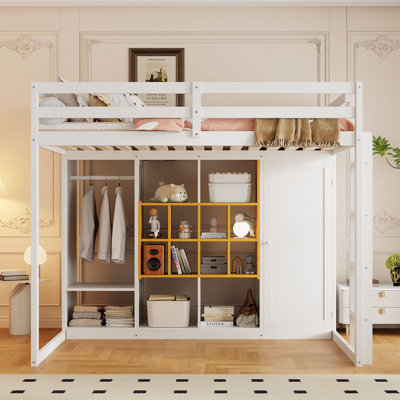 Lit mezzanine en bois avec garde-robe, tablettes et armoire