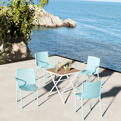 Blue Grey Stackable Pp Armchairs And An Indoor/Outdoor Square Table , Ergonomic Design, Tabletop, Metal Legs In White Khaki, - , , Zero Maintenance 4 A Multi Purpose Table, Slatted Back, Tabletop With