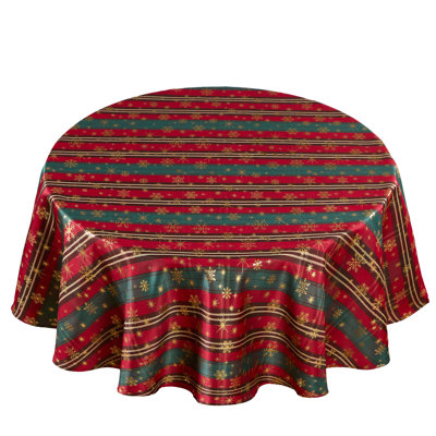Lendra Pinstripes Plaid Pattern, Polyester Embroidery, Metallic Thread, Woven Fabric, Red-Green , 60 inch Round, Seats 4 to 6 people, Tablecloths