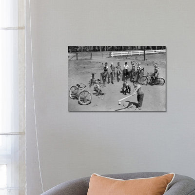 1950s 10 Neighborhood Boys Playing Sand Lot Baseball Most Wear Blue Jeans Tee Shirts 1 Piece Wrapped Canvas Wall Art