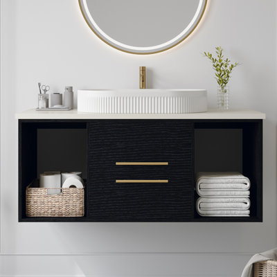 Modern 39.4 Wall-Mounted Bathroom Vanity with Oval Ceramic Sink Floating Vanity Multi-Layer Solid Wood Cabinet Soft-Close Drawers Open Shelf Storage