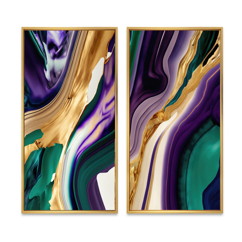 2 pièces sur toile - mauve, vert et doré, H 40 po x l 40 po, Encadrement doré
