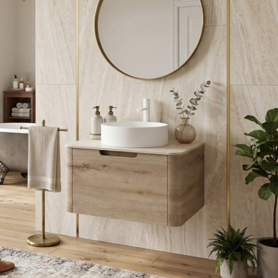 Modern Wall-Mounted Bathroom Vanity With Roma Travertine Sintered Stone Top & Round Vessel Sink (24"/30"/36" Available)