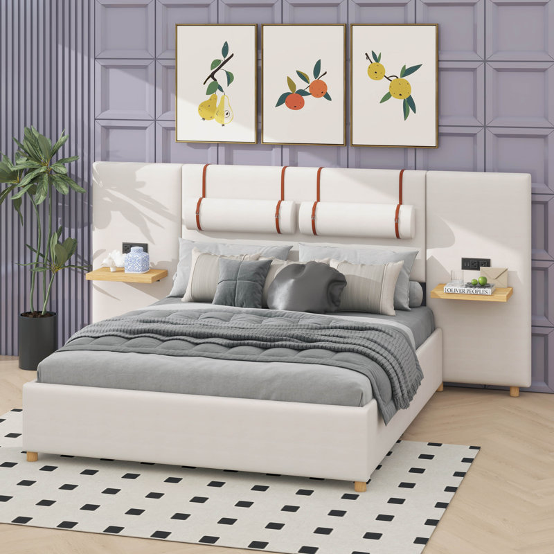 Lit plateforme tapissier avec deux prises, ports de chargement USB, deux coussins de chevet et tablettes de rangement, Double