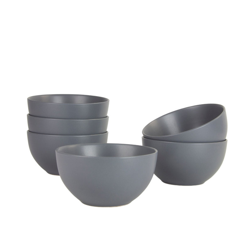 Gray Matte Stoneware Round Cereal Bowls, Set of 6